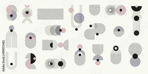 Monochromatyczny zestaw abstrakcyjnych elementów z kolorystycznym akcentem. Geometryczne kształty w paski, minimalistyczne cienkie linie, łuki, elipsy, kwadraty. Ilustracja wektorowa.