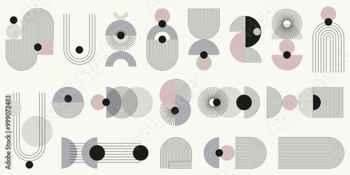Monochromatyczny zestaw abstrakcyjnych elementów z kolorystycznym akcentem. Geometryczne kształty w paski, minimalistyczne cienkie linie, łuki, elipsy, kwadraty. Ilustracja wektorowa.