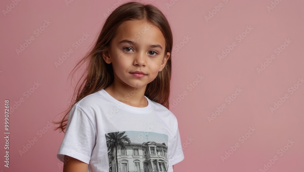 Young girl with long wavy hair, posing in white t-shirt, solid color background
