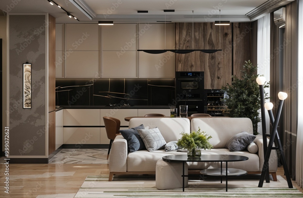 Modern living room with kitchen on the back.. Modern living room with kitchen on the back..