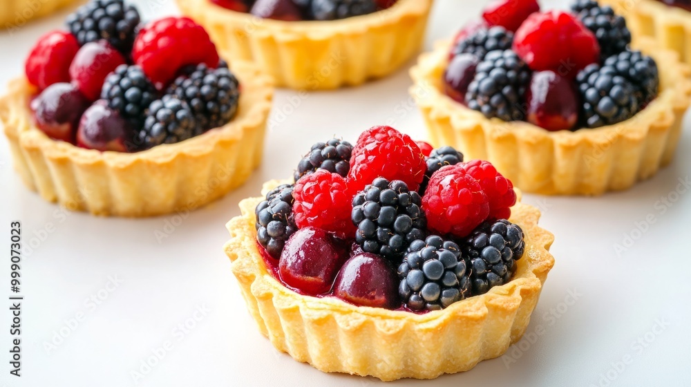 Beautifully arranged fruit tarts with a variety of fresh berries, golden pastry base generative ai Beautifully arranged fruit tarts with a variety of fresh berries, golden pastry base generative ai