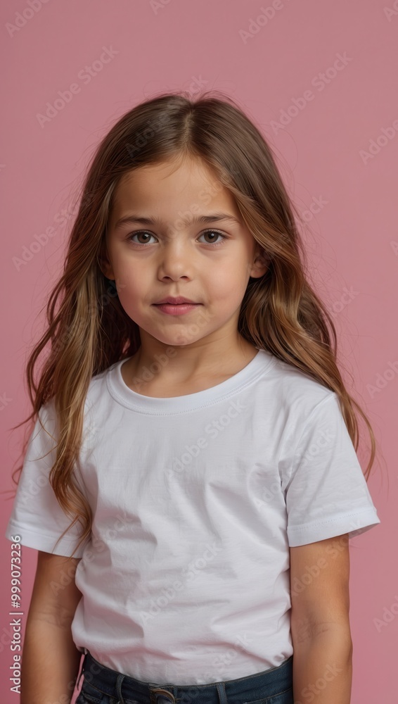 Young girl with long straight hair wearing plain white top, gradient background