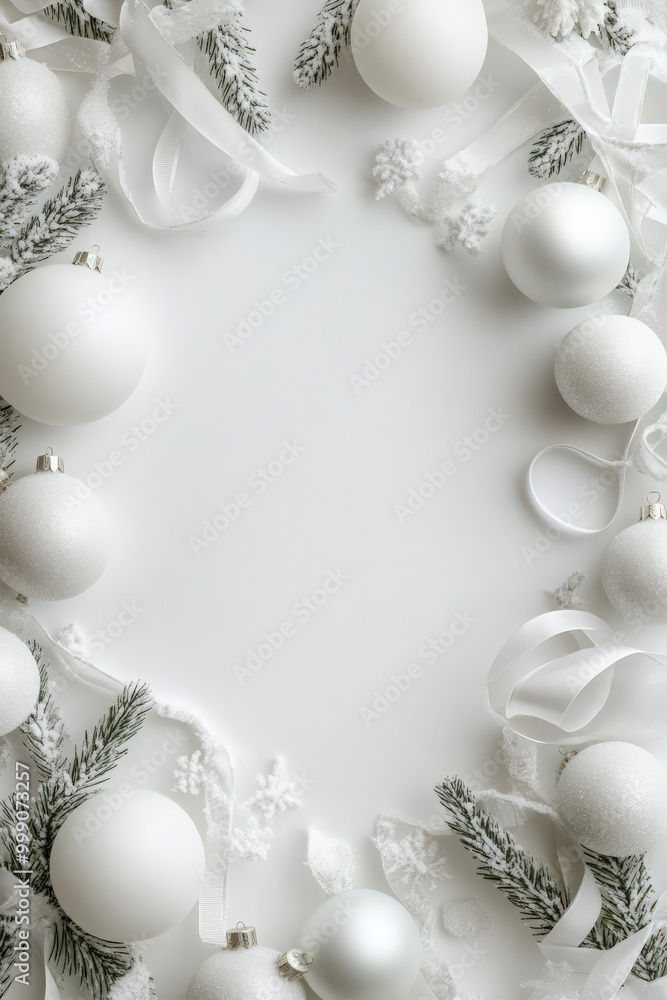 A white Christmas template adorned with a festive frame of white baubles and ribbons, offering a clean and minimalist design. A white Christmas template adorned with a festive frame of white baubles and ribbons, offering a clean and minimalist design.