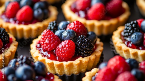 Beautifully arranged fruit tarts with a variety of fresh berries, golden pastry base generative ai