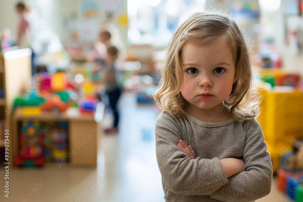 A 3-year-old Caucasian girl, standing alone in the corner of a kindergarten room, looking confused, while the other children are busy playing with toys and games around her. A 3-year-old Caucasian girl, standing alone in the corner of a kindergarten room, looking confused, while the other children are busy playing with toys and games around her.