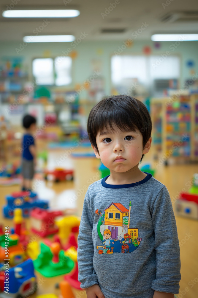 A 3-year-old Japanese boy standing apart in a cheerful kindergarten, with a confused look on his face, toys and play areas visible around him, while the class is engaged in play. A 3-year-old Japanese boy standing apart in a cheerful kindergarten, with a confused look on his face, toys and play areas visible around him, while the class is engaged in play.