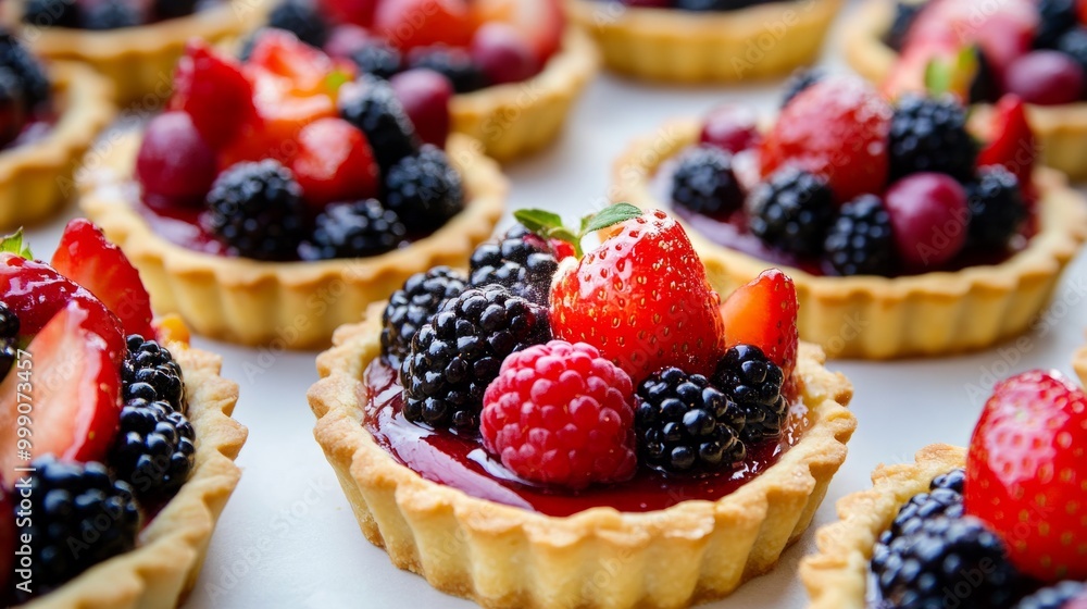 Beautifully arranged fruit tarts with a variety of fresh berries, golden pastry base generative ai Beautifully arranged fruit tarts with a variety of fresh berries, golden pastry base generative ai