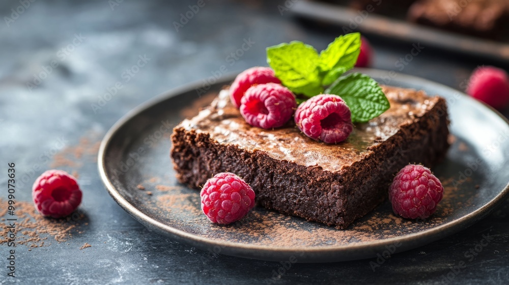 Brownie on a plate with raspberries and mint leaves for garnish, chocolate dessert background generative ai Brownie on a plate with raspberries and mint leaves for garnish, chocolate dessert background generative ai