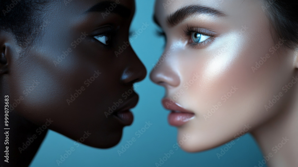 A close-up portrait featuring two women, one with dark skin and the other with light skin, facing each other with serene expressions. Their symmetrical beauty contrasts and complements, framed by soft A close-up portrait featuring two women, one with dark skin and the other with light skin, facing each other with serene expressions. Their symmetrical beauty contrasts and complements, framed by soft