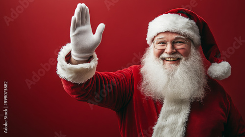 A festive Santa Claus giving a high five with a bright, friendly smile, against a rich red backdrop. His white beard and red suit pop, creating a fun and joyful scene with room for copy. photo