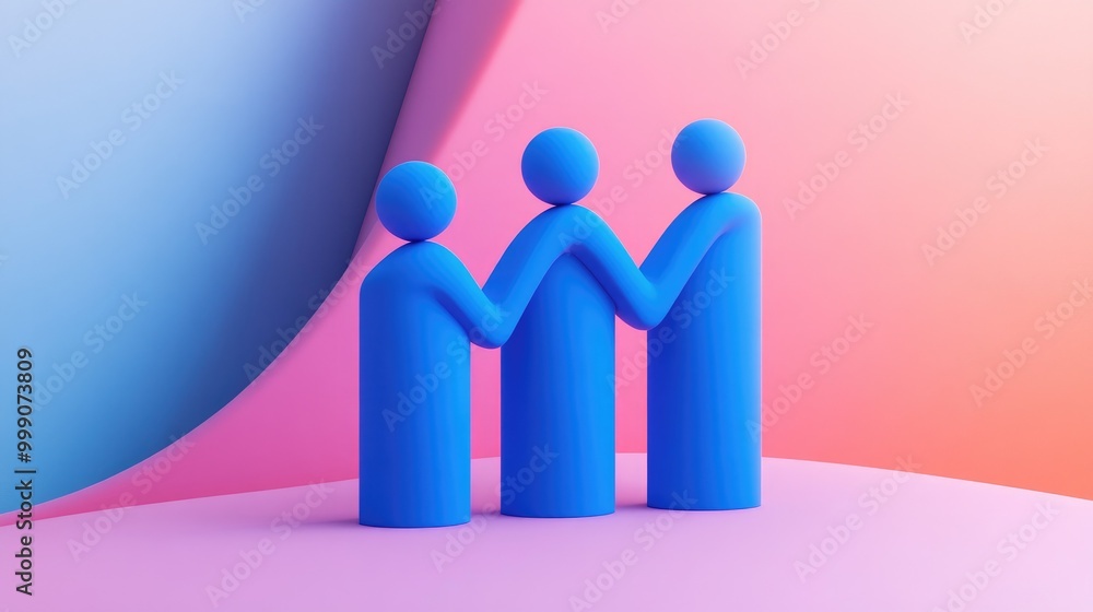 Three blue figures stand in a row, arms linked, against a colorful gradient background. Three blue figures stand in a row, arms linked, against a colorful gradient background.