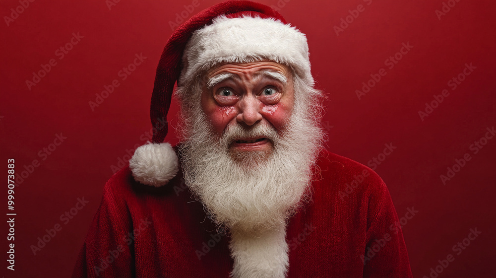 Santa Claus with tears in his eyes, a tender smile on his face, conveying heartfelt emotion as he stands against an isolated red background. His classic red suit contrasts with the deep red backdrop. Santa Claus with tears in his eyes, a tender smile on his face, conveying heartfelt emotion as he stands against an isolated red background. His classic red suit contrasts with the deep red backdrop.