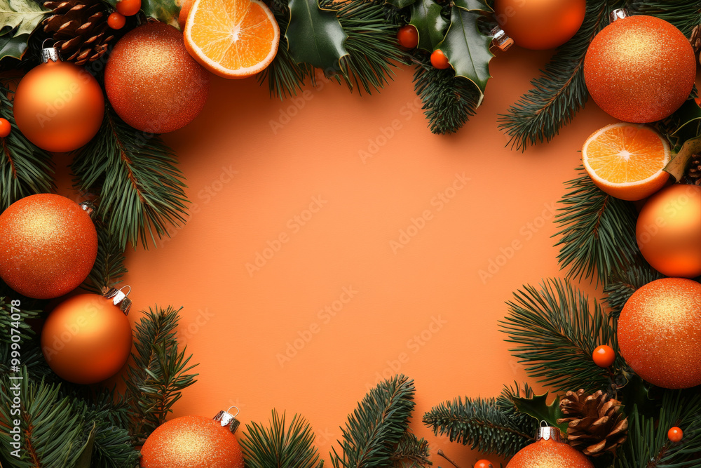 An orange Christmas template with a festive frame of orange ornaments and garland, bringing a warm and cozy feel to the design. An orange Christmas template with a festive frame of orange ornaments and garland, bringing a warm and cozy feel to the design.