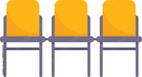 Three empty chairs with yellow seats and dark metal frame standing in a row, isolated on white