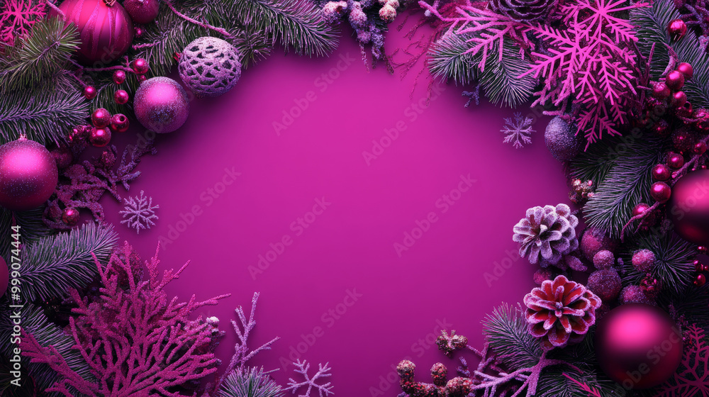 A magenta Christmas template featuring a festive frame of magenta-colored decorations and snowflakes, evoking a lively and energetic ambiance. A magenta Christmas template featuring a festive frame of magenta-colored decorations and snowflakes, evoking a lively and energetic ambiance.