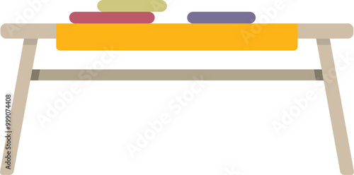 Simple wooden bench with bright yellow table runner and colorful place mats is waiting for guests