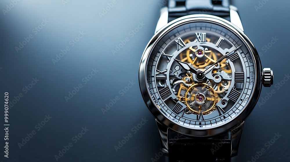 A close-up of a skeleton watch with Roman numerals.