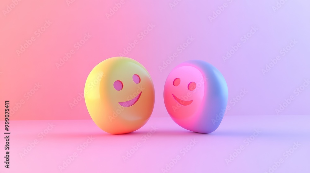 Two smiling emojis, one yellow and one pink, against a pink and blue gradient background. Two smiling emojis, one yellow and one pink, against a pink and blue gradient background.