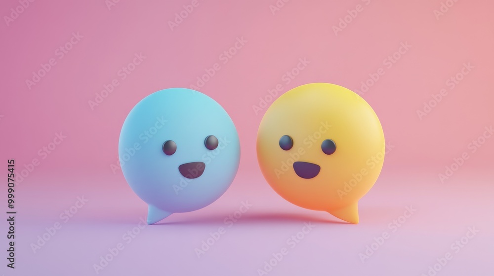 Two 3D smiley faces in speech bubbles on a pink background. Two 3D smiley faces in speech bubbles on a pink background.