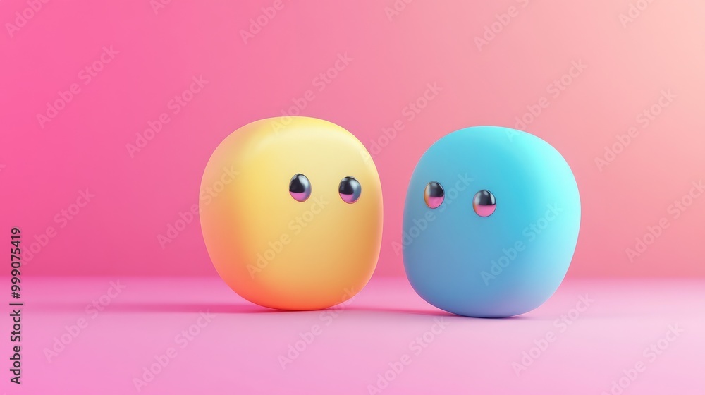 Two cute 3D cartoon characters with big eyes and neutral expressions on a pink and orange background. Two cute 3D cartoon characters with big eyes and neutral expressions on a pink and orange background.