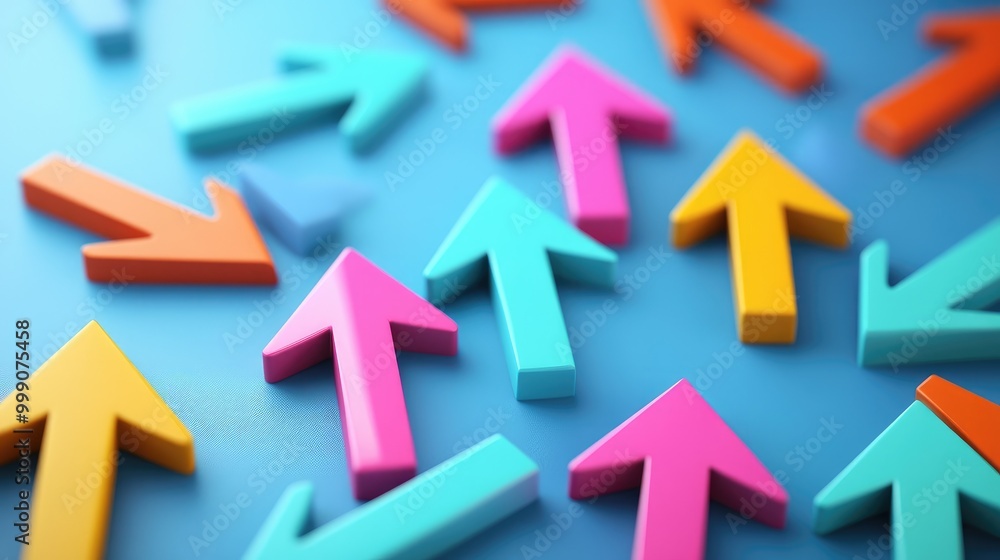 Colorful arrows pointing upwards on a blue background, one pointing downwards. Colorful arrows pointing upwards on a blue background, one pointing downwards.