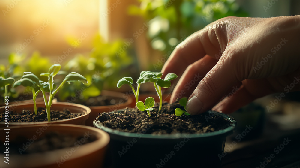 Close-up. Hands tending to young plants in pots, gardening concept. Close-up. Hands tending to young plants in pots, gardening concept.