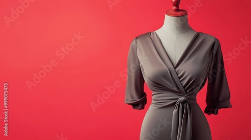 A grey dress on a mannequin against a red background.