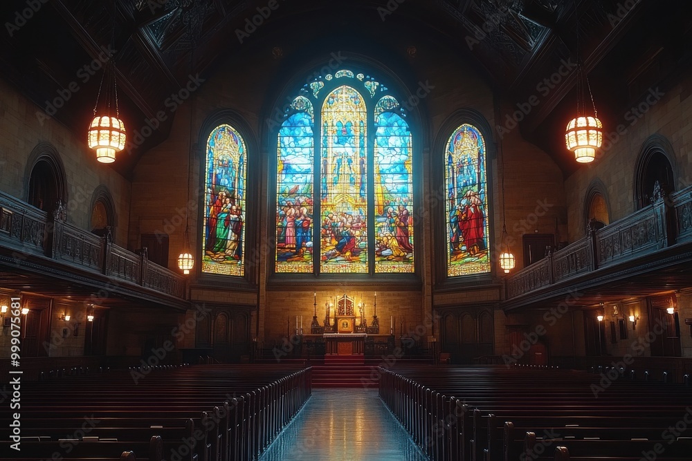 Obraz premium A quiet church interior featuring a stunning stained glass window and dimly lit rows of pews
