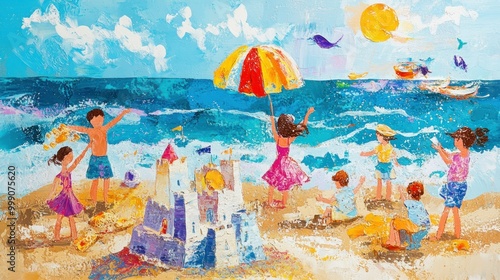 Depict a vibrant summer afternoon, with playful children building sandcastles and families enjoying the sun. --ar 16:9 --v 6.1 Job ID: fcdf1455-cca6-4e59-879b-ecf850d702f2