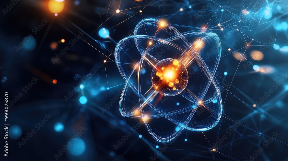 A glowing atomic structure with a central nucleus surrounded by ...