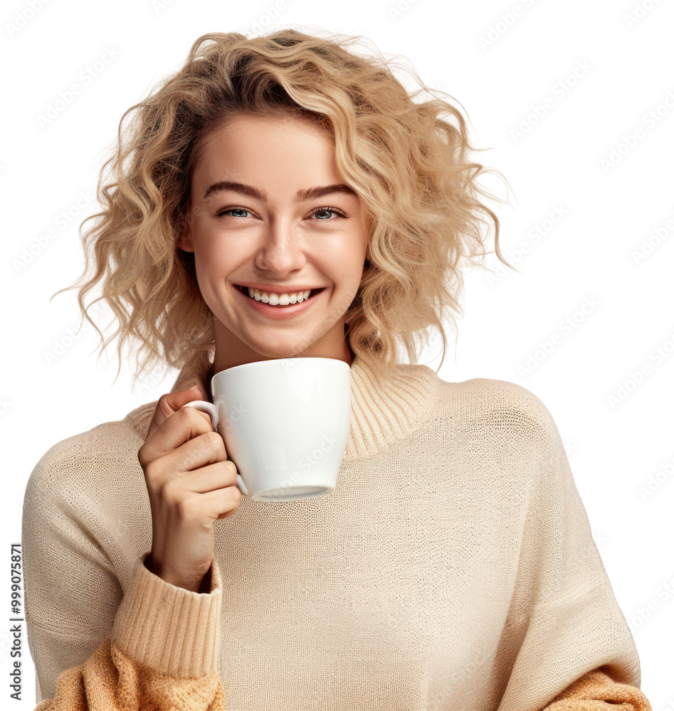 Women knitted jumper cup laughing. Women knitted jumper cup laughing.