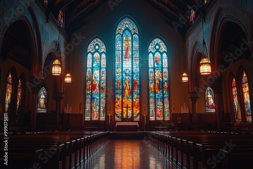 Stained glass windows illuminate the tranquil interior of an empty church with intricate designs and dim lighting