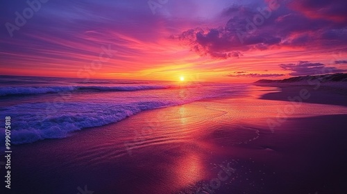 Describe the radiant colors of a sunset dipping below the horizon, casting a surreal glow on the sandy shoreline. --ar 16:9 --v 6.1 Job ID: f5364cf5-9224-4f49-9d0b-b09f5f29ff75