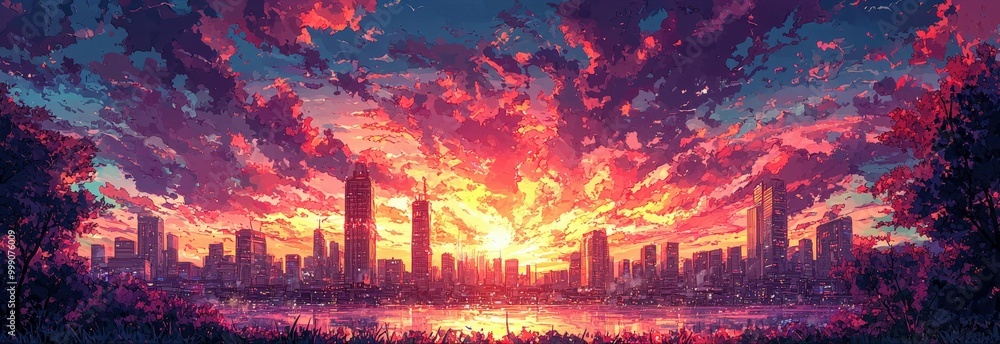 Vibrant Evening Sky Over Cityscape in Anime Style Vibrant Evening Sky Over Cityscape in Anime Style