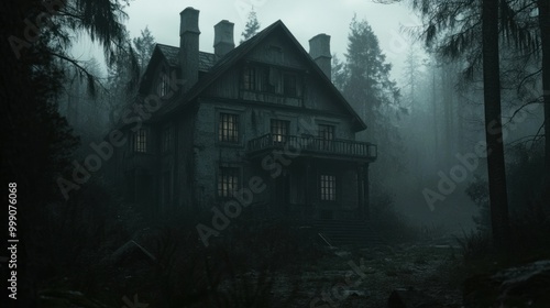 Design a chilling haunted house nestled in a desolate forest, its windows shrouded in darkness and eerie whispers echoing through the air, evoking the spine-tingling atmosphere of anime horror.