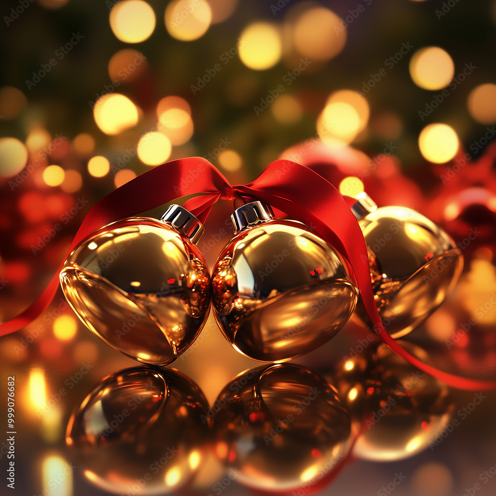 Golden Christmas bells with red ribbons and festive bokeh lights. Golden Christmas bells with red ribbons and festive bokeh lights.
