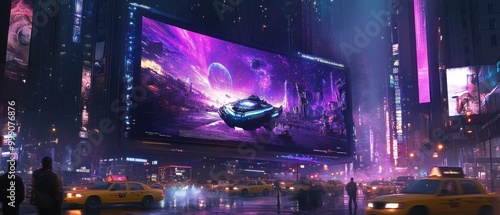 Futuristic cityscape with neon lights, illuminated billboards, and a spaceship flying above a colorful nebula.