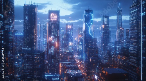 Design a futuristic background showcasing a metropolis with towering skyscrapers, holographic projections, and a hint of cyberpunk aesthetic.