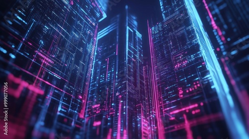 Design a futuristic background showcasing a metropolis with towering skyscrapers, holographic projections, and a hint of cyberpunk aesthetic.