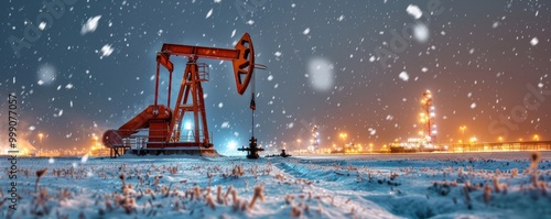 A working oil pump jack at night in a snow-covered field, illuminated by industrial lights. Free copy space for banner. photo