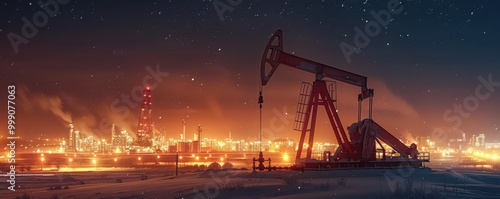 A working oil pump jack at night in a snow-covered field, illuminated by industrial lights. Free copy space for banner.