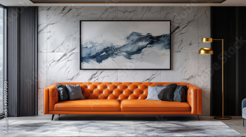 Luxurious modern living room with an orange leather sofa, marble wall, gold floor lamp, and abstract artwork. A sophisticated space with high-end decor, stylish furniture, and bold design elements. photo