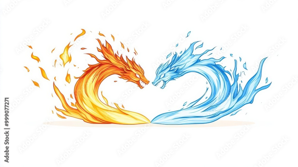 Elemental spirits of fire and water battling, flat design, side view, fantasy theme, cartoon drawing, split-complementary color scheme Elemental spirits of fire and water battling, flat design, side view, fantasy theme, cartoon drawing, split-complementary color scheme