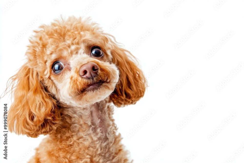 Adorable brown curly-haired puppy with expressive eyes, posing against a white background. Adorable brown curly-haired puppy with expressive eyes, posing against a white background.