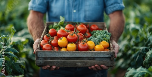 Farmer harvesting fresh vegetables in an organic field during sunrise with warm, vibrant colors