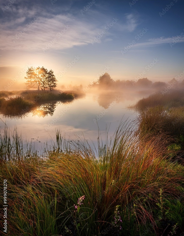 Foggy Morning Over Serene Marshlands, Reflecting the Mystique of Nature Foggy Morning Over Serene Marshlands, Reflecting the Mystique of Nature