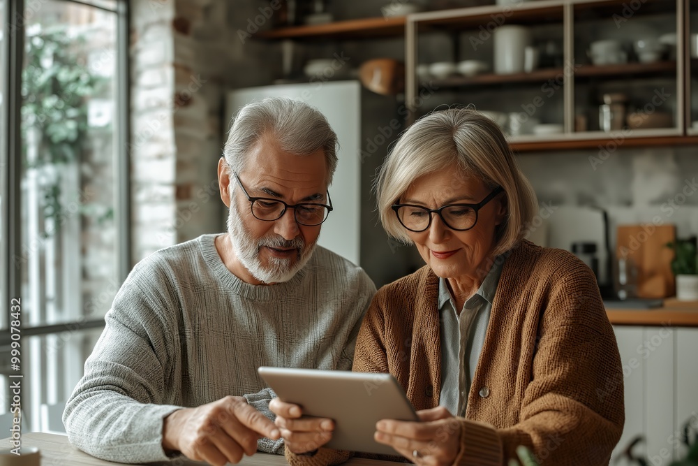 Elderly couple enjoying a cozy moment together while using a tablet in their warm and inviting kitchen during a sunny afternoon Elderly couple enjoying a cozy moment together while using a tablet in their warm and inviting kitchen during a sunny afternoon