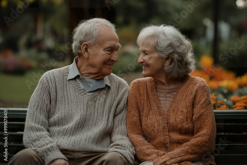 An elderly couple smiles lovingly at each other while sitting on a park bench surrounded by vibrant flowers during a sunny afternoon