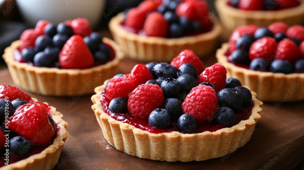 Classic French berry tarts with vibrant strawberries, blueberries, and raspberries, golden crust generative ai Classic French berry tarts with vibrant strawberries, blueberries, and raspberries, golden crust generative ai