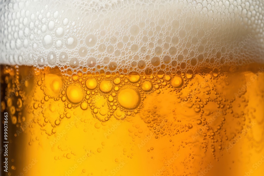 Close-up of a frothy golden beer with bubbles rising to the surface. Close-up of a frothy golden beer with bubbles rising to the surface.